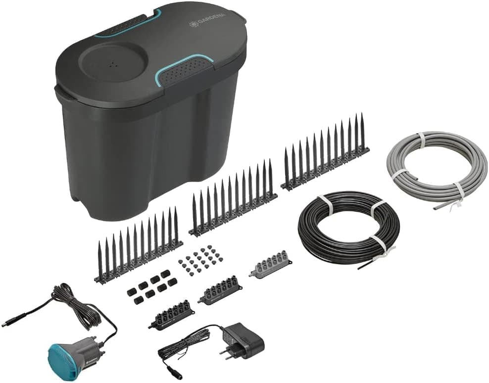 Gardena Kit de Riego para Vacaciones con Depósito de Agua, Riego Interior y Exterior para hasta 36 Plantas en Maceta, Parada Automática