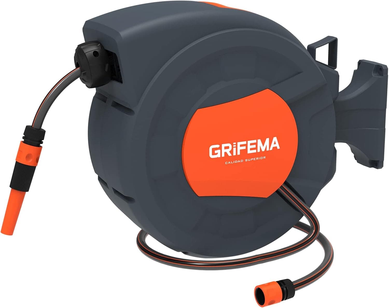 GRIFEMA G301-25 Carrete de Manguera de Jardín Automático de Pared, 25 m, Rotación 180°, Boquilla Ajustable
