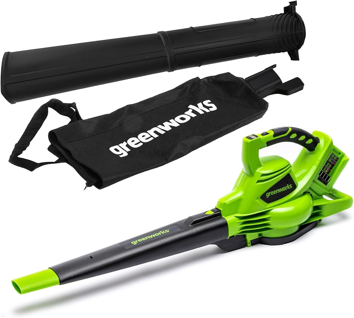 Greenworks 2en1 GD24X2BV Soplador y Aspirador de Hojas a Batería, 2x24V, Velocidad de Aire 320 km/h, Motor Brushless