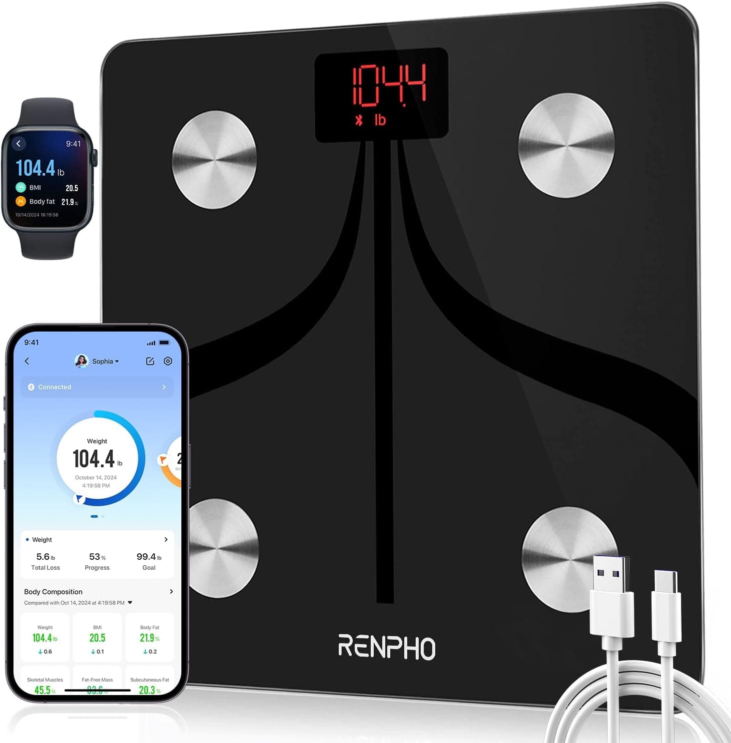 RENPHO Báscula Recargable de Bioimpedancia con Pantalla LED