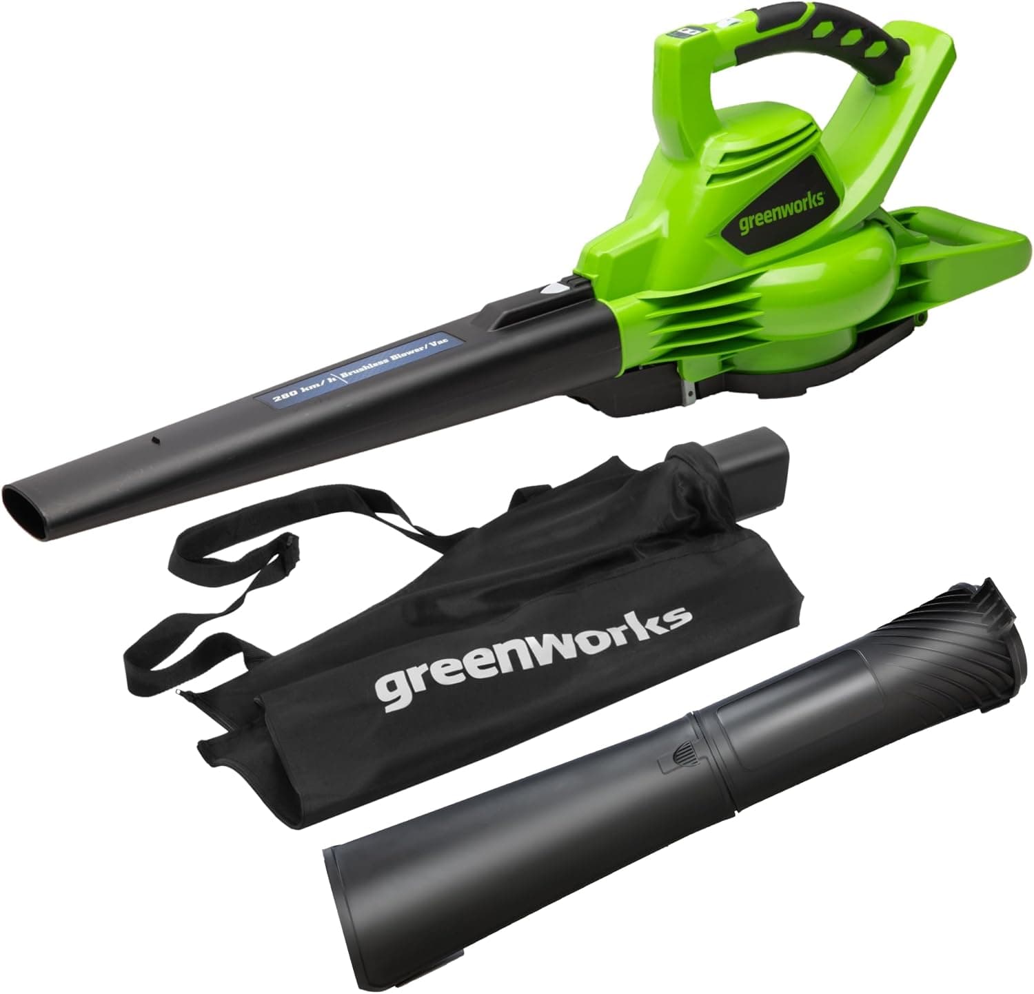 Greenworks GD40BV Soplador Aspirador de Hojas a Batería 40V, Motor Brushless, 280 km/h, Bolsa de 45L