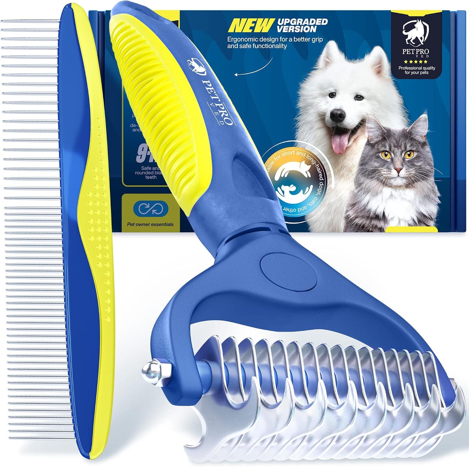 PetProved Cepillo de Doble Cara para Perros y Gatos, Peine Deslanador de Pelo Largo y Medio, 9 y 17 Dientes